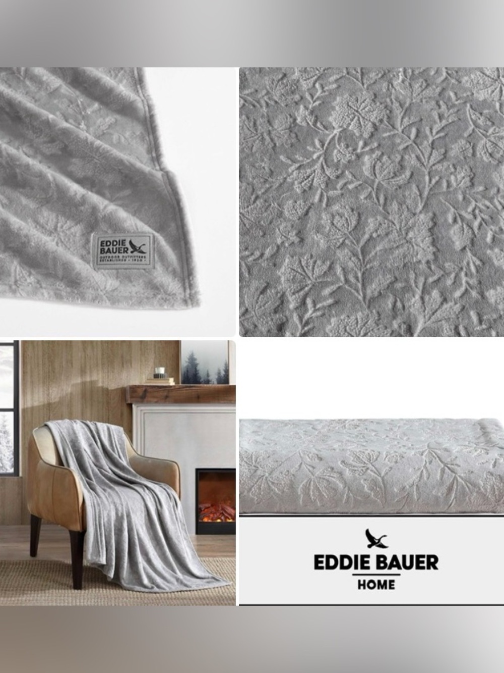 Eddie Bauer Gray Plush Blanket Throw 50” x 70” Embossed Leaf-patterned NEW